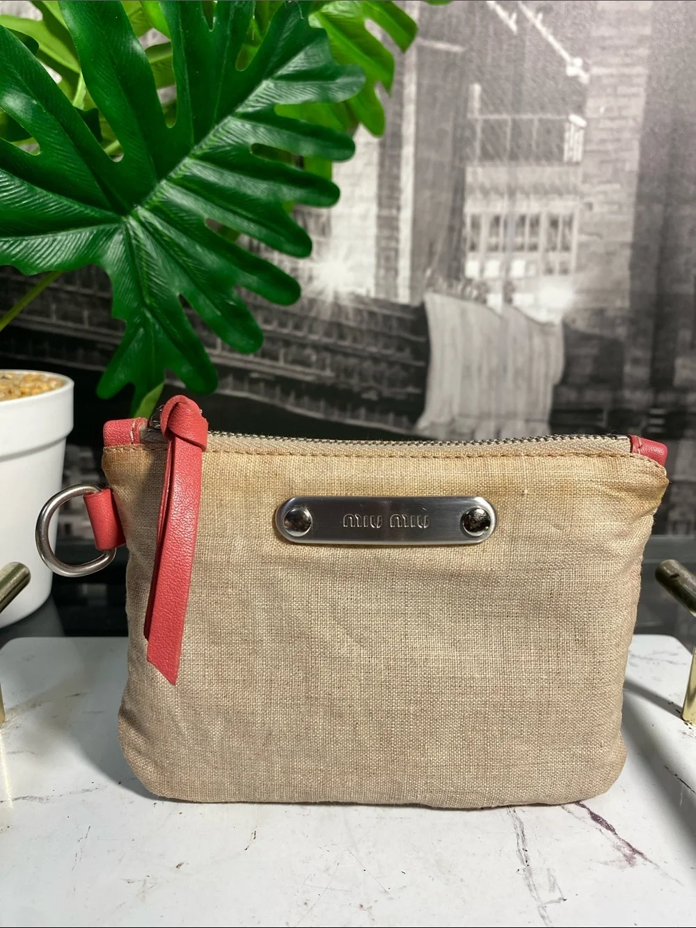 Authentic Miu Miu Beige Linen Pouch with Coral Trim